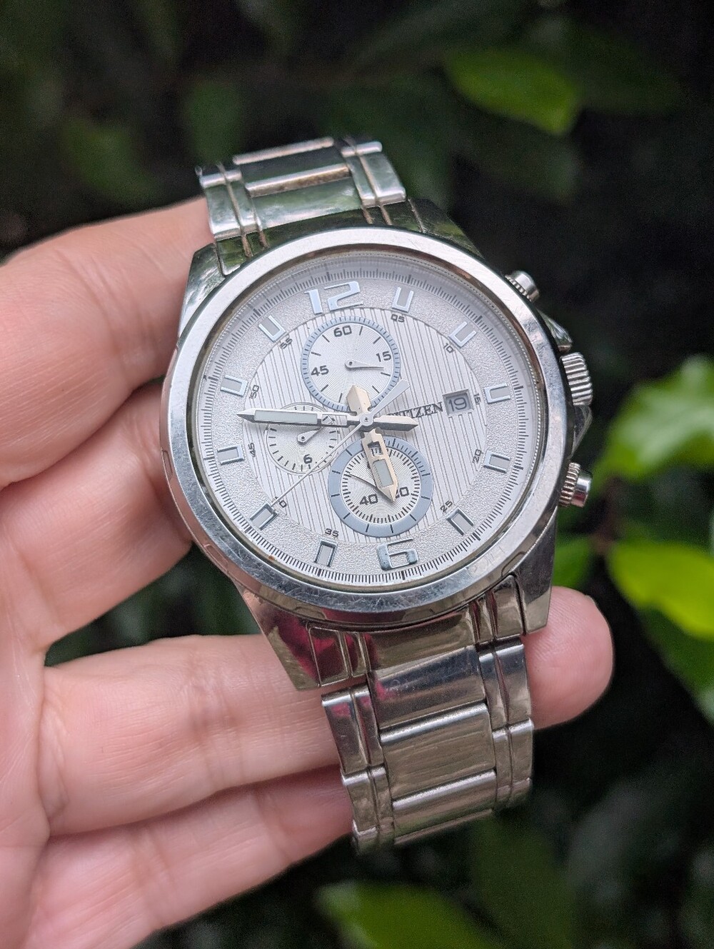 Citizen Silver Tone Chronograph Stainless Steel Mens Sports Watch 7.5 Inch Band